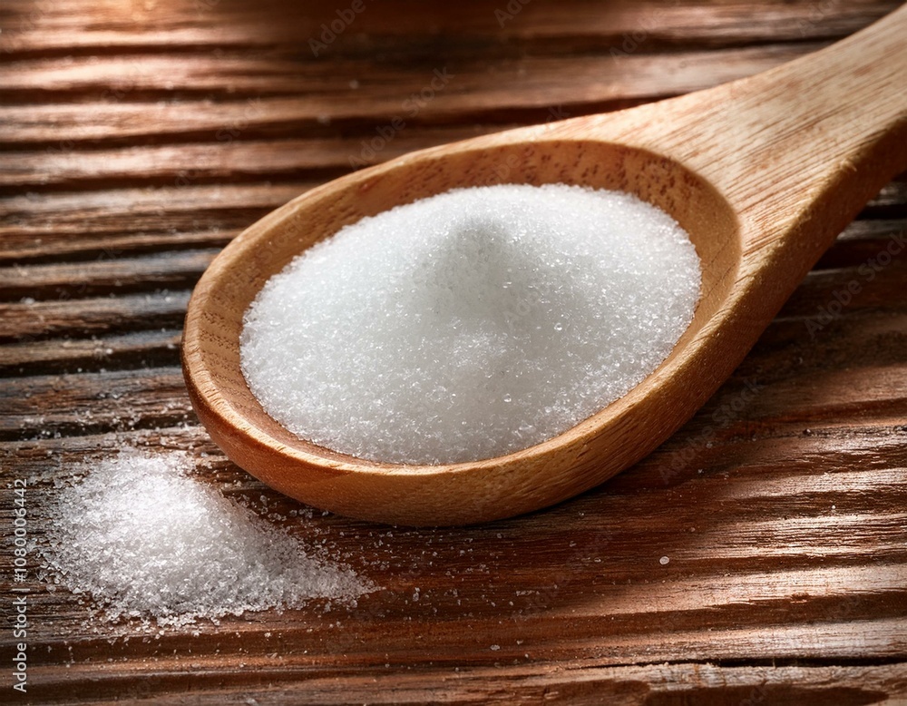 Monosodium glutamate (MSG) in wood spoon Monosodium glutamate (MSG) in wood spoon