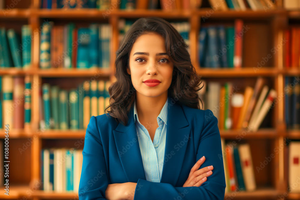 Young Indian bookstore manager standing confidently in front of a well-stocked bookshelf during the afternoon Young Indian bookstore manager standing confidently in front of a well-stocked bookshelf during the afternoon