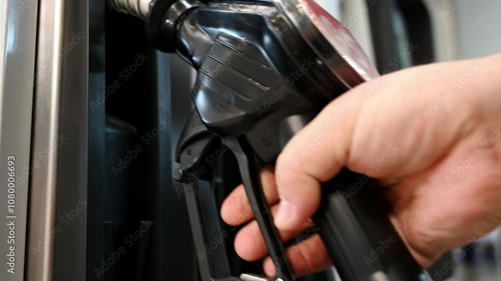Man hand takes fuel gun from column at gasoline station Man hand takes fuel gun from column at gasoline station