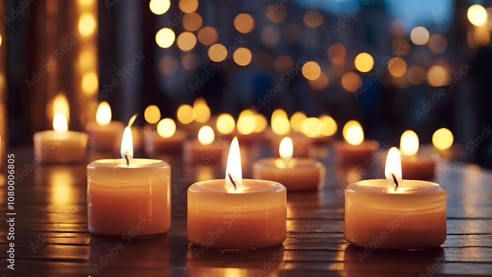 A horizontal wallpaper featuring countless small, flickering candles. Their soft glow fills the space, creating a warm and peaceful atmosphere. A horizontal wallpaper featuring countless small, flickering candles. Their soft glow fills the space, creating a warm and peaceful atmosphere.