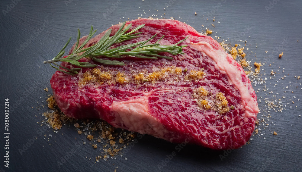 Fototapeta premium Marbling beef and rosemary on a black background with mood