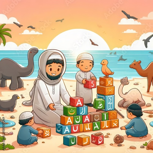 cartoon Muslim child learning Arabic hijaiyah letters