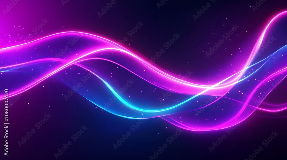 Fototapeta premium Abstract glowing particles moving along a smooth fluid path in electric neon colors.