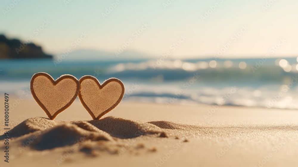 Intertwined Heart Shapes on Sandy Beach with Gentle Waves in the Background Evoking Love, Romance, and Serenity in a Picturesque Coastal Scene Intertwined Heart Shapes on Sandy Beach with Gentle Waves in the Background Evoking Love, Romance, and Serenity in a Picturesque Coastal Scene
