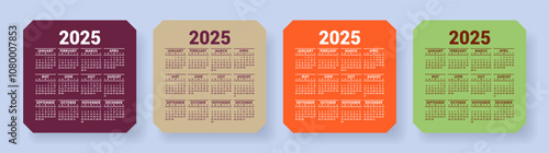 Calendar 2025 year. Square vector calender design template. English set. Week starts on Sunday. January, February, March, April, May, June, July, August, September, October, November, December