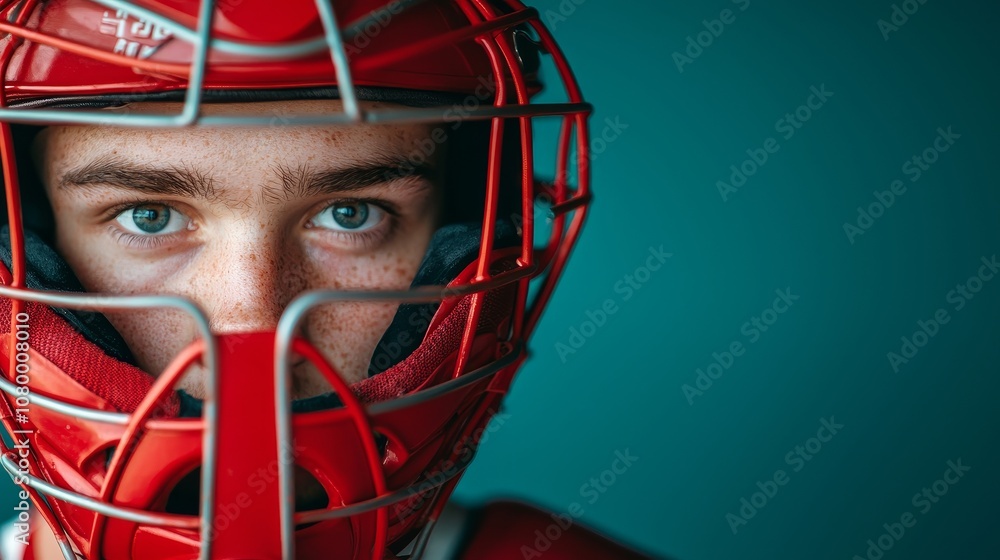 Intense concentration of catcher preparing to catch fastball, subtle branding on helmet and stadium ads. Intense concentration of catcher preparing to catch fastball, subtle branding on helmet and stadium ads.