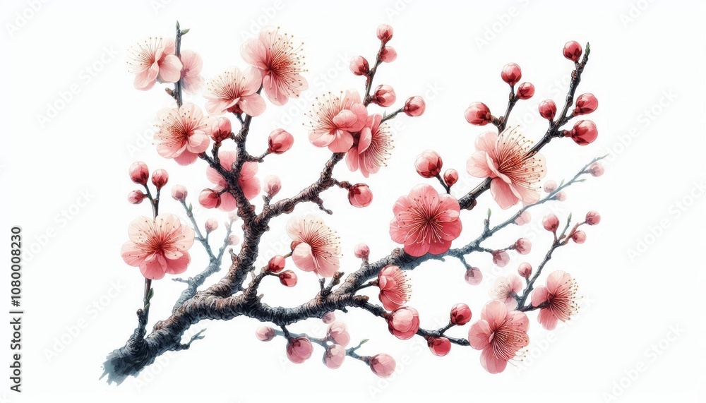 Delicate cherry blossom branch with pink flowers and buds. Traditional Japanese floral illustration symbolizing spring in watercolor style isolated on white background Delicate cherry blossom branch with pink flowers and buds. Traditional Japanese floral illustration symbolizing spring in watercolor style isolated on white background