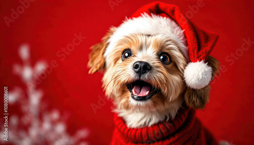 Santa Claus with a dog wearing a Santa hat photo