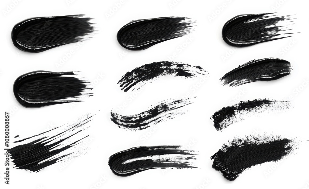 High-quality black mascara smears on a clean white background, showcasing elegant brush strokes and smooth cosmetic textures. High-quality black mascara smears on a clean white background, showcasing elegant brush strokes and smooth cosmetic textures.