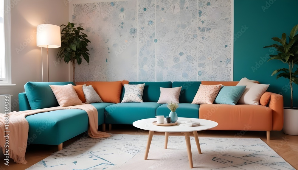 Fototapeta premium Scandinavian living room interior design zoom background,Doodle patterned wallpaper graphics