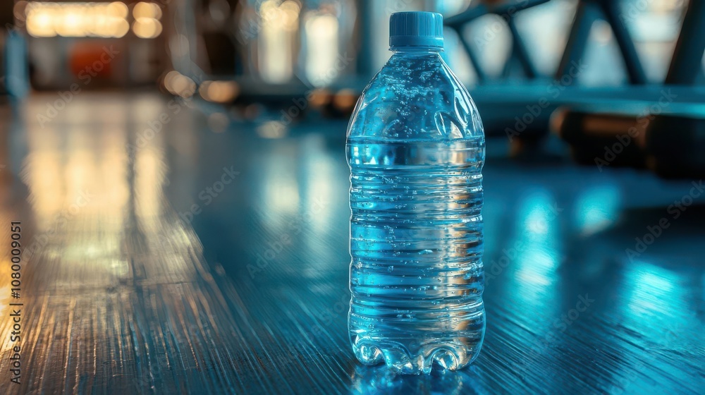 A close-up shot of a water bottle on the gym floor, highlighting hydration and fitness A close-up shot of a water bottle on the gym floor, highlighting hydration and fitness