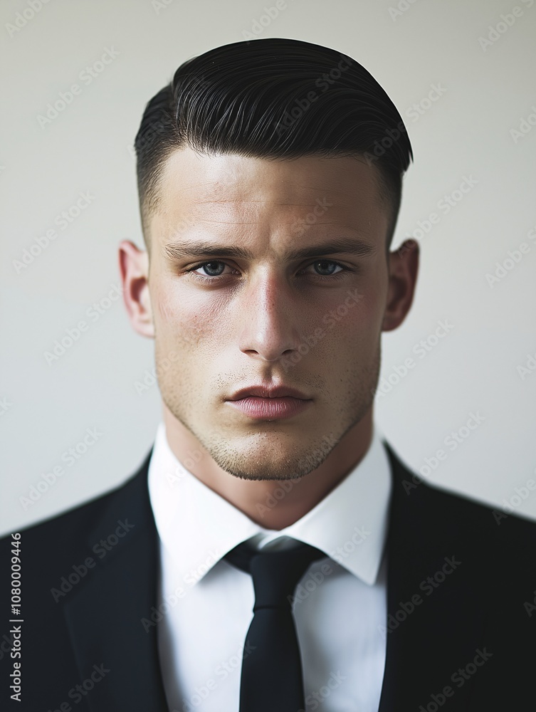 Professional model with slicked-back hairstyle in formal attire, exuding confidence and sophistication in a minimalistic background, perfect for fashion or lifestyle projects. Professional model with slicked-back hairstyle in formal attire, exuding confidence and sophistication in a minimalistic background, perfect for fashion or lifestyle projects.
