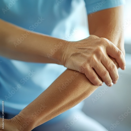 Physical therapist adjusting the position of a patient's elbow during treatment, focus on healthcare and support, [health care], [rehabilitation]