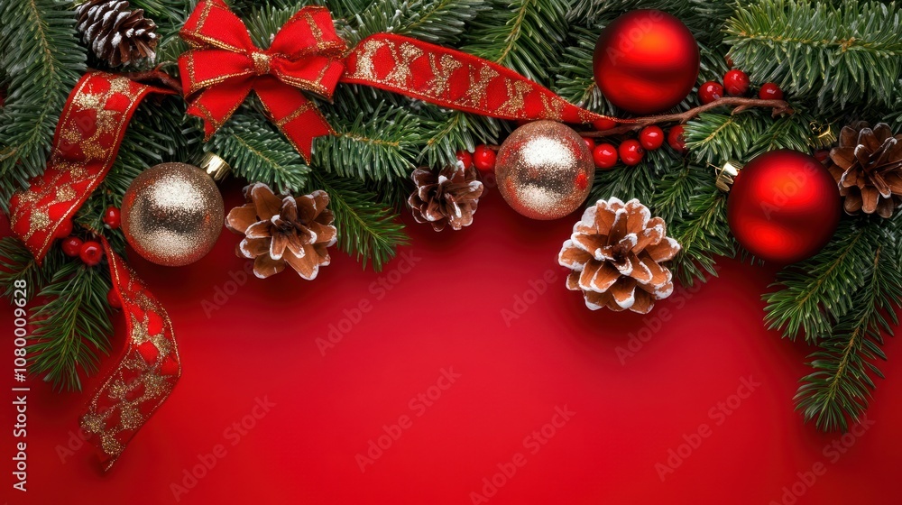 Festive holiday decorations featuring pine, ornaments, and ribbon. Festive holiday decorations featuring pine, ornaments, and ribbon.