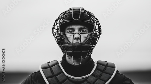 Baseball catcher signaling pitch, stadium ads for athletic gear subtly in background photo