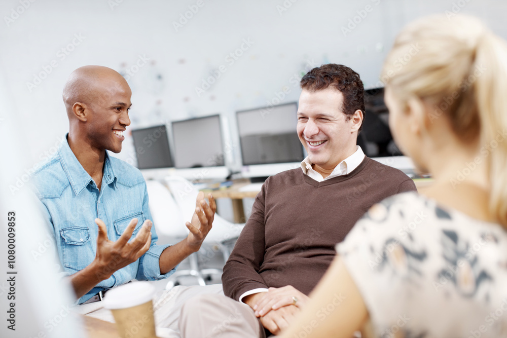 Obraz premium Explain, laughing and web development with business people in creative workplace for meeting. Collaboration, computer programming or training with funny man and woman employee in office together