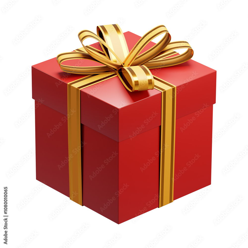 Red christmas gift box wrapped with golden ribbon bow on white background Red christmas gift box wrapped with golden ribbon bow on white background