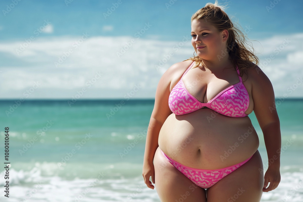 Overweight woman in a pink bikini stands on the beach. She is wearing sunglasses and has a big bust Overweight woman in a pink bikini stands on the beach. She is wearing sunglasses and has a big bust