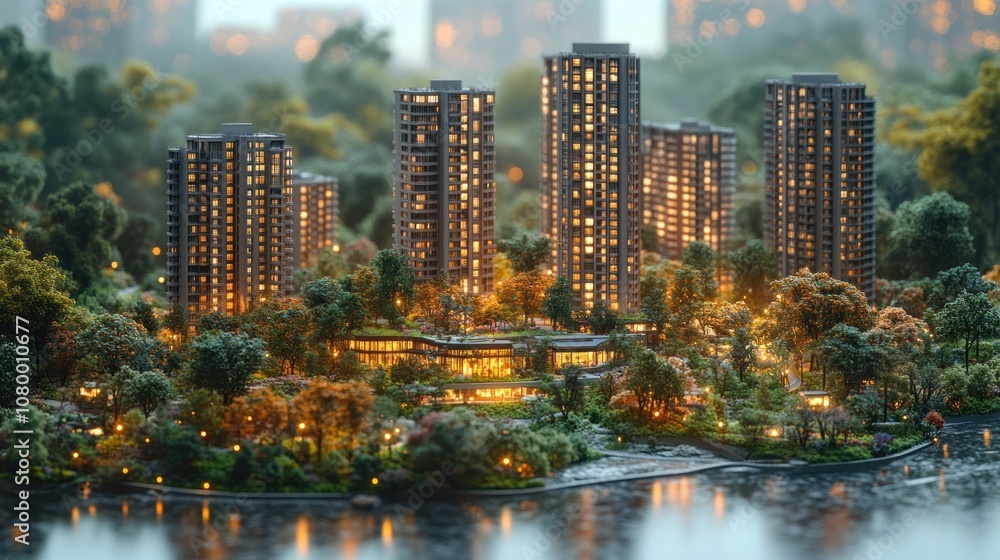 Fototapeta premium A miniature urban landscape with illuminated buildings and greenery.