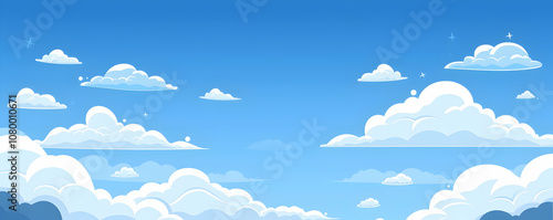 Blue sky with clouds background, flat vector illustration. Simple design with a white color palette, simple shapes, and simple lines. 