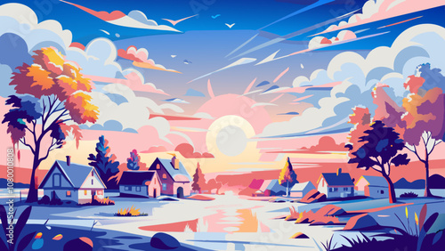 Serene Sunset Over Quaint Lakeside Village Illustration