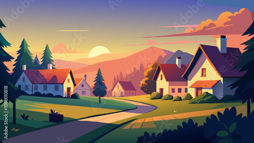 Idyllic Sunset Over Peaceful Suburban Neighborhood