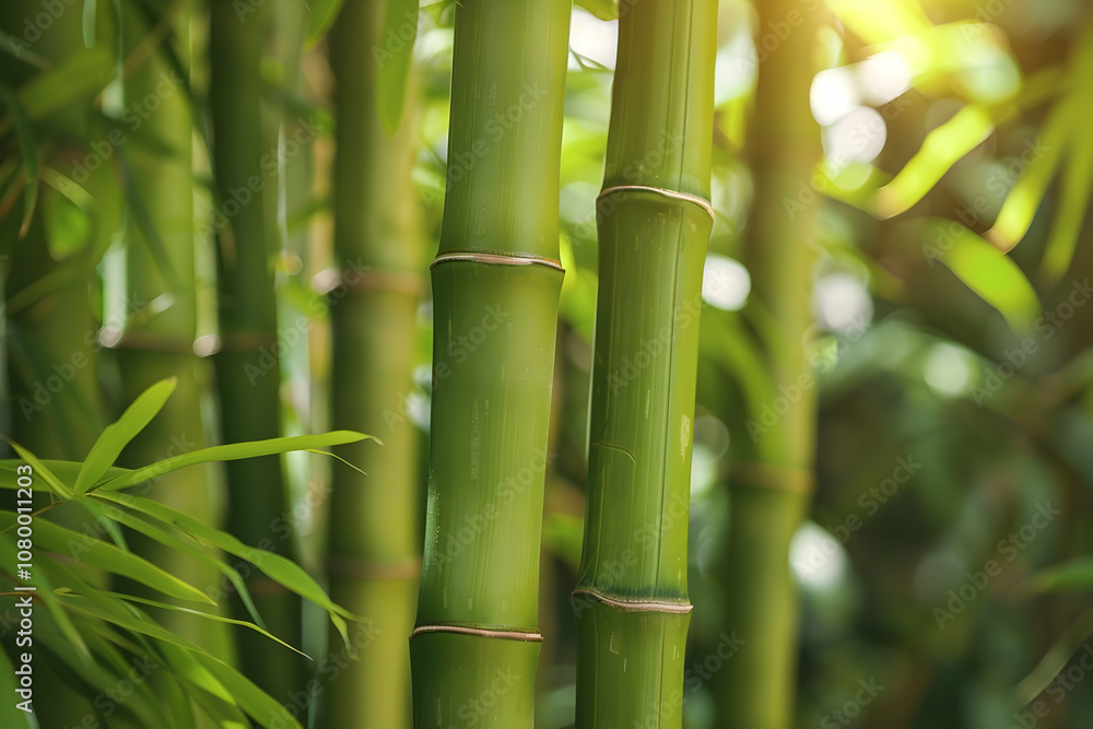 Fototapeta premium A close-up of bamboo stalks, their green hues and texture highlighted against the backdrop of nature's beauty.