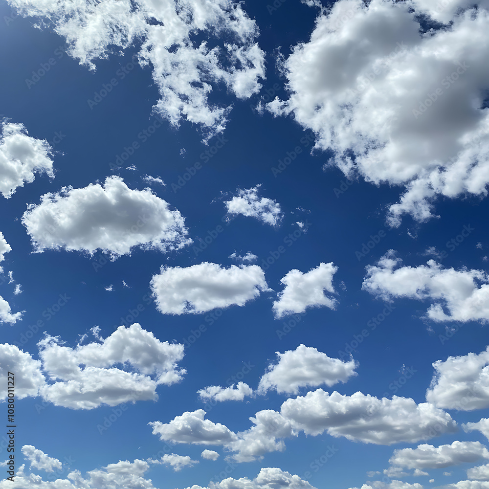 Fototapeta premium Vibrant Blue Sky with Fluffy White Clouds Illuminated by Sunlight, Perfect for Seasonal and Nature Themes in Creative Projects and Designs