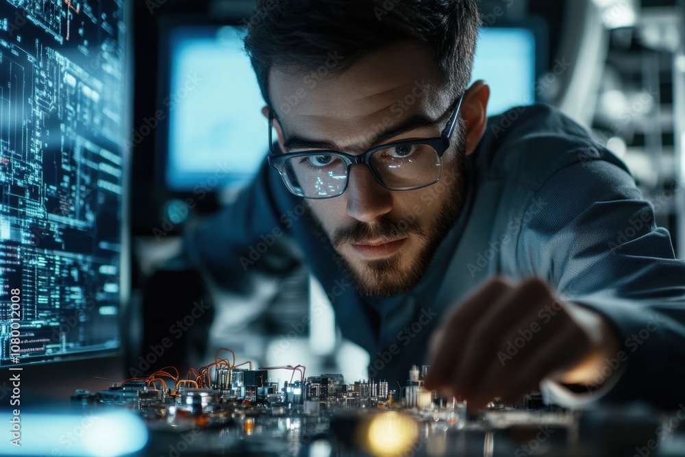 An electrical engineer carefully inspecting and working on intricate circuit boards, wiring connections, and electrical components in a modern tech lab with screens and equipment in the background. An electrical engineer carefully inspecting and working on intricate circuit boards, wiring connections, and electrical components in a modern tech lab with screens and equipment in the background.