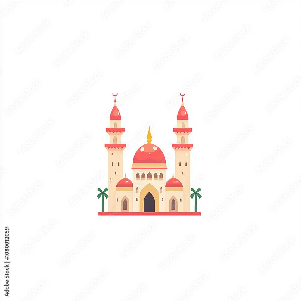 A cartoon illustration of a mosque with two minarets, a large dome, and palm trees in front of it. A cartoon illustration of a mosque with two minarets, a large dome, and palm trees in front of it.