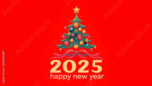 A red background features a decorated Christmas tree with a gold star on top and a golden 2025 underneath. The words happy new year are written below the number.