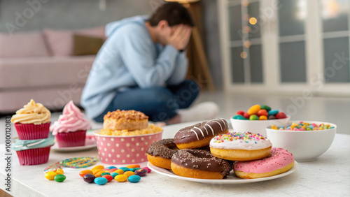 Sad person surrounded by sugary foods, reflecting the struggle between indulgence and emotional well-being, highlighting the complexities of comfort and self-care. photo