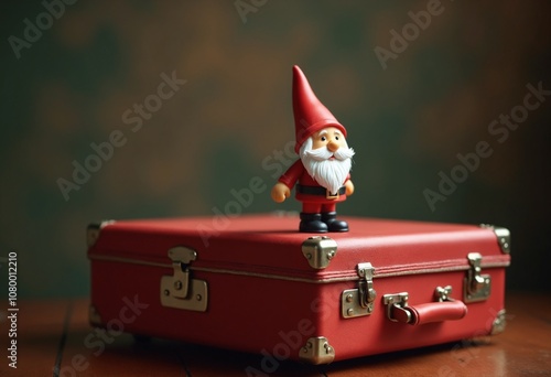 A cute gnome figurine perched on a vintage red suitcase photo