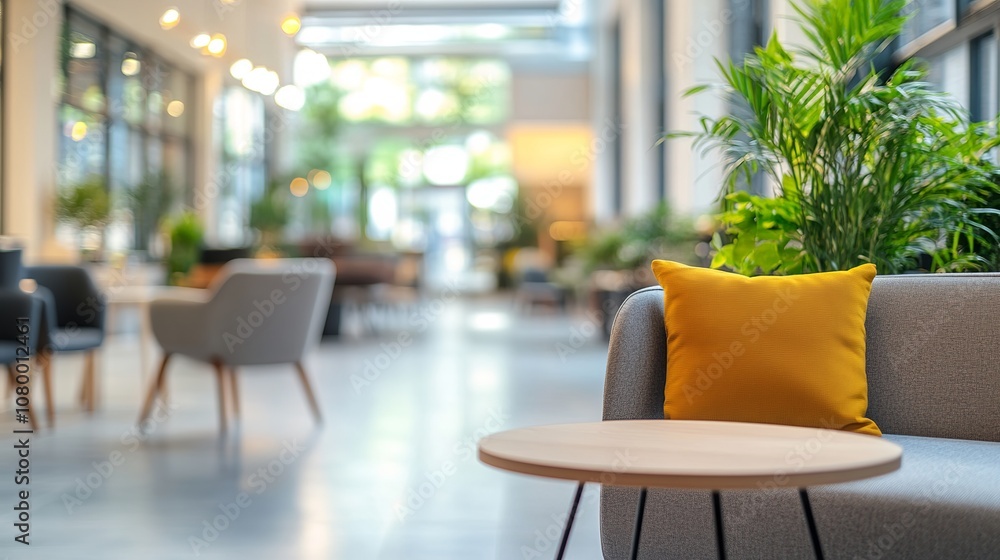 Fototapeta premium A well-lit modern office space featuring contemporary furniture basks in natural light. The background is intentionally blurred to emphasize the foreground elements. 