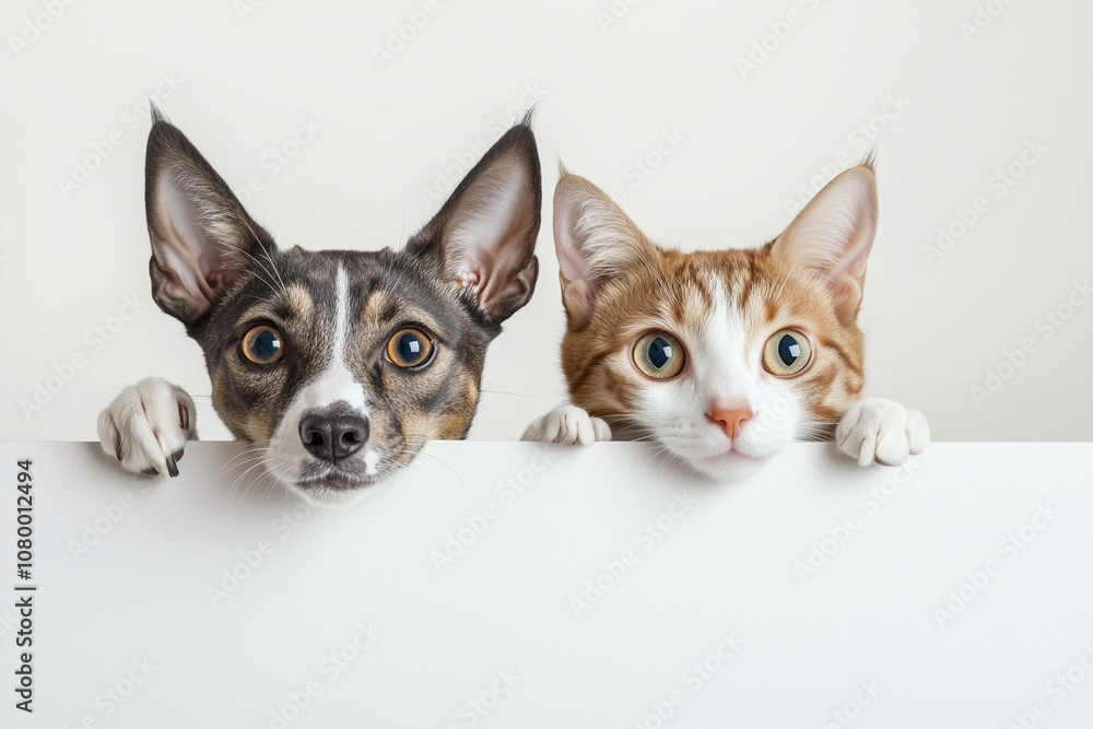 dog and a cat are standing behind a white board. The dog is smiling and the cat is looking at the camera dog and a cat are standing behind a white board. The dog is smiling and the cat is looking at the camera