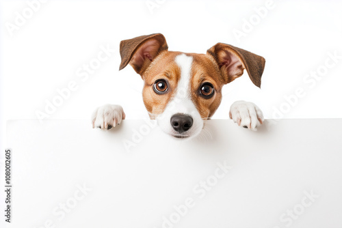 brown and white dog is staring at a blank white board. The dog appears to be curious about the board and is looking at it intently