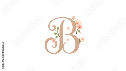 The image depicts a stylized letter B adorned with delicate pink flowers and green leaves, creating a feminine and elegant monogram design.