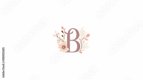 The letter B is surrounded by pink flowers and leaves, creating a floral design on a white background.