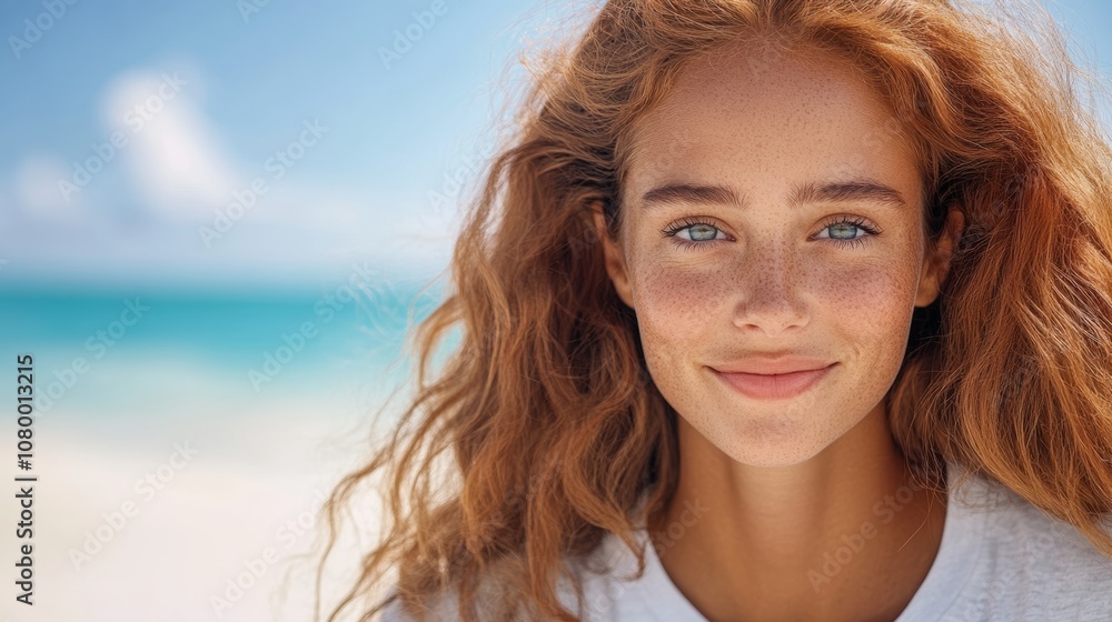Woman with red hair and blue eyes is smiling at the camera. She is wearing a white shirt and standing on a beach Woman with red hair and blue eyes is smiling at the camera. She is wearing a white shirt and standing on a beach