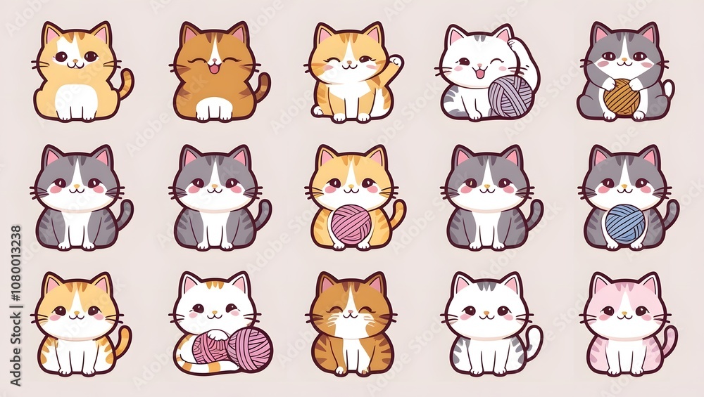 Fototapeta premium Cute Cartoon Cats Collection: Adorable Kittens in Various Poses with Yarn Balls