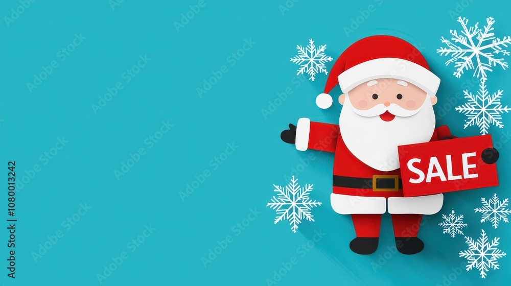 Smiling Santa with 'Flash Sale' sign, surrounded by snowflakes Smiling Santa with 'Flash Sale' sign, surrounded by snowflakes