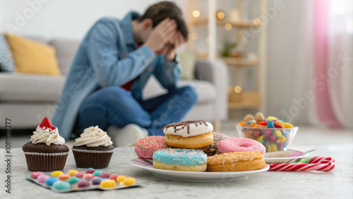 Sad person surrounded by sugary foods, reflecting the struggle between indulgence and emotional well-being, highlighting the complexities of comfort and self-care.