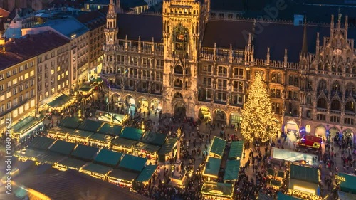 Munich christmas market winter aerial skyline top view, munich marienplatz winter people walking shopping in city centre, munich town hall, frauenkirche cathedral downtown, munchen germany.