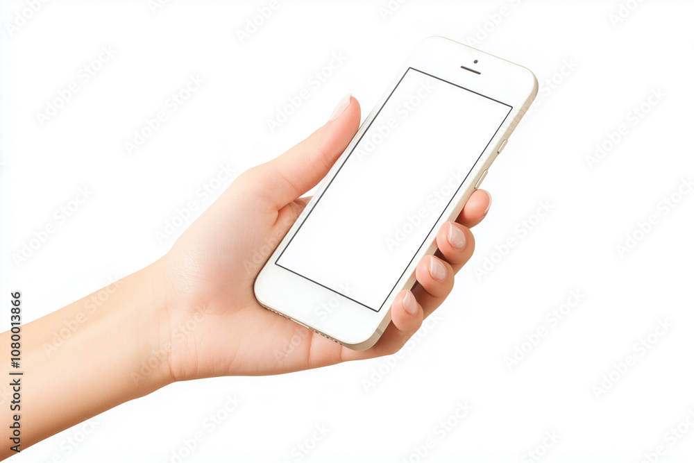 hand holding a white cell phone. The phone is empty and the hand is holding it up to the camera hand holding a white cell phone. The phone is empty and the hand is holding it up to the camera