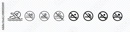 No Swimming Sign Line Icon. Water Safety Alert icon, No Swimming Sign Line Icon Set. Swim don't allow icon vector isolate transparent background
