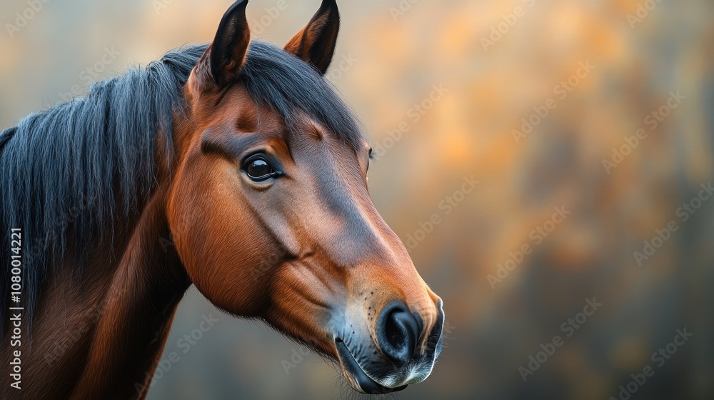 Fototapeta premium A close-up portrait of a brown horse against a blurred background.