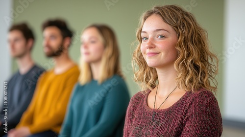 A serene group of four individuals sitting in a row, showcasing diverse hairstyles and clothing, with a woman in focus smiling warmly.