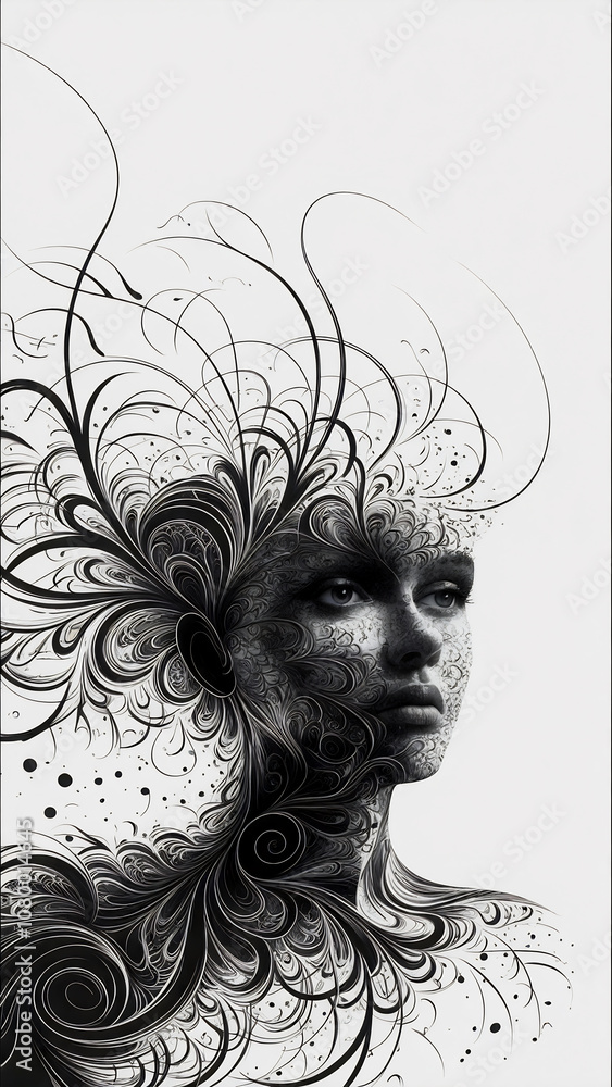 Fototapeta premium A striking artwork of a human face formed from intricate, swirling fractal black lines and dots