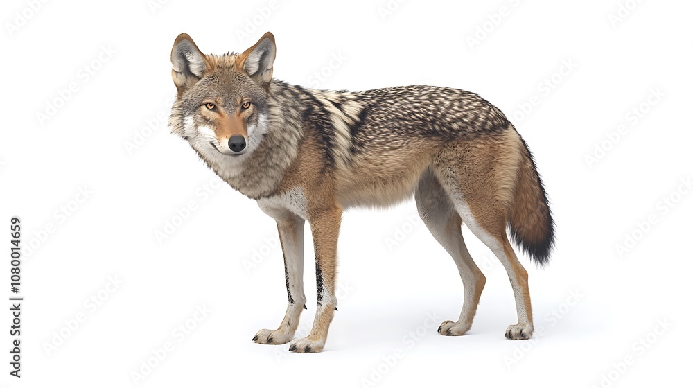 A gray wolf is walking against a white background. A gray wolf is walking against a white background.