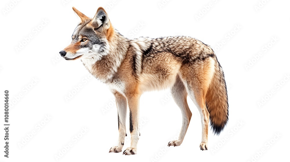 A gray wolf is walking against a white background. A gray wolf is walking against a white background.